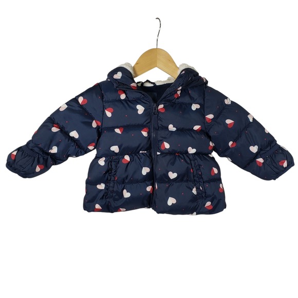Wonder Nation 12M Girls Navy Blue Hearts Puffer Jacket Hooded Peplum Cute - Picture 1 of 8